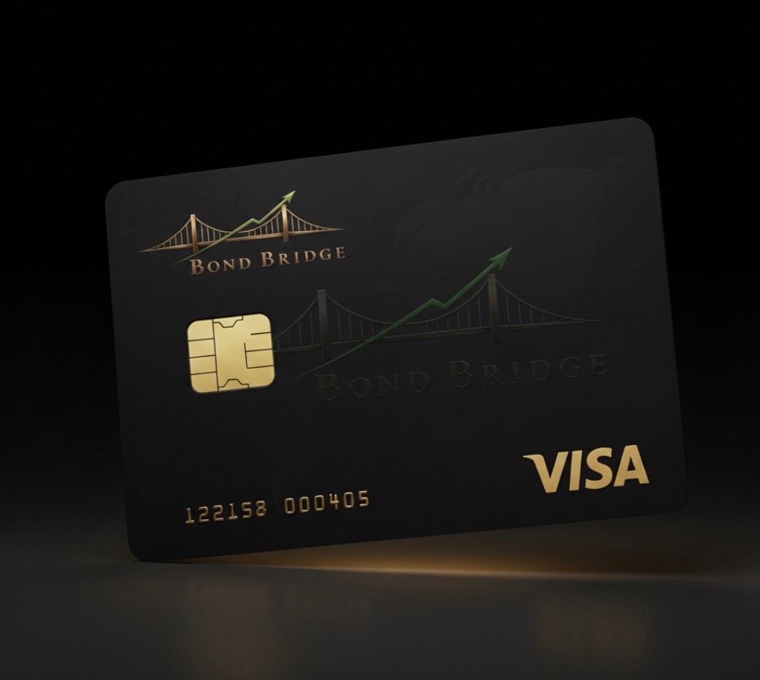 Planned black and gold BondBridge card concept with bridge and upward-arrow branding